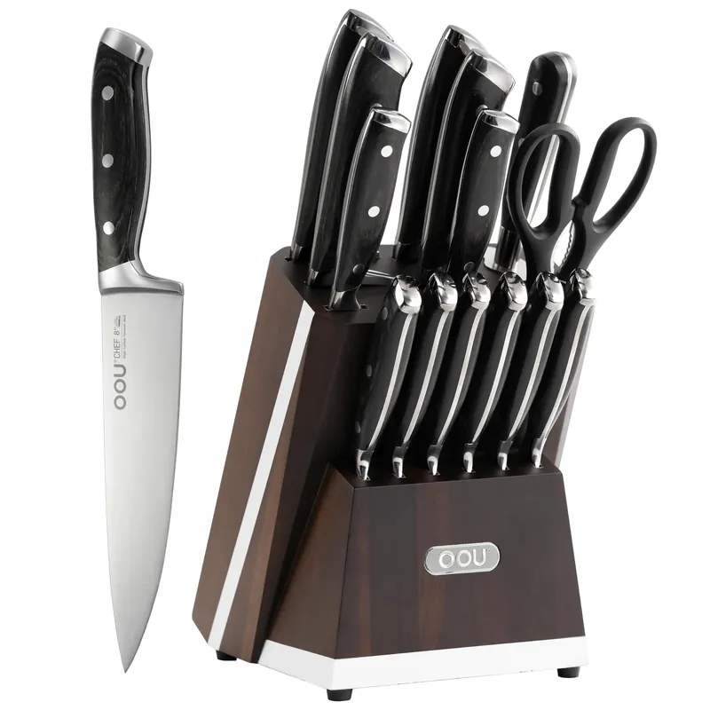 OOU 2025 Kitchen Knife Set with Block, 15-Piece German Stainless Steel Knife Blcok Set with Sharpening Rod, Ergonomic Wood Handle,Premium Razor-Sharp Knives Set for Kitchen