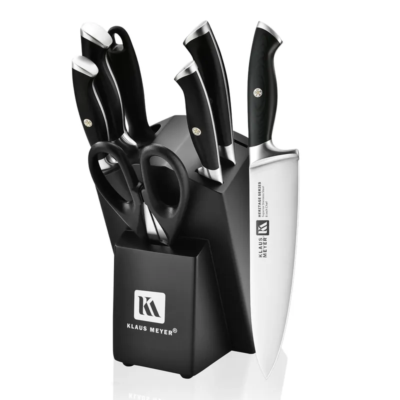 Klaus Meyer 8-Piece Kitchen Knife Set, German High Carbon Steel Pakka Wood Handle Chef Knife Set With Block, Ultra Sharp With Scissors, Sharpener Rod.