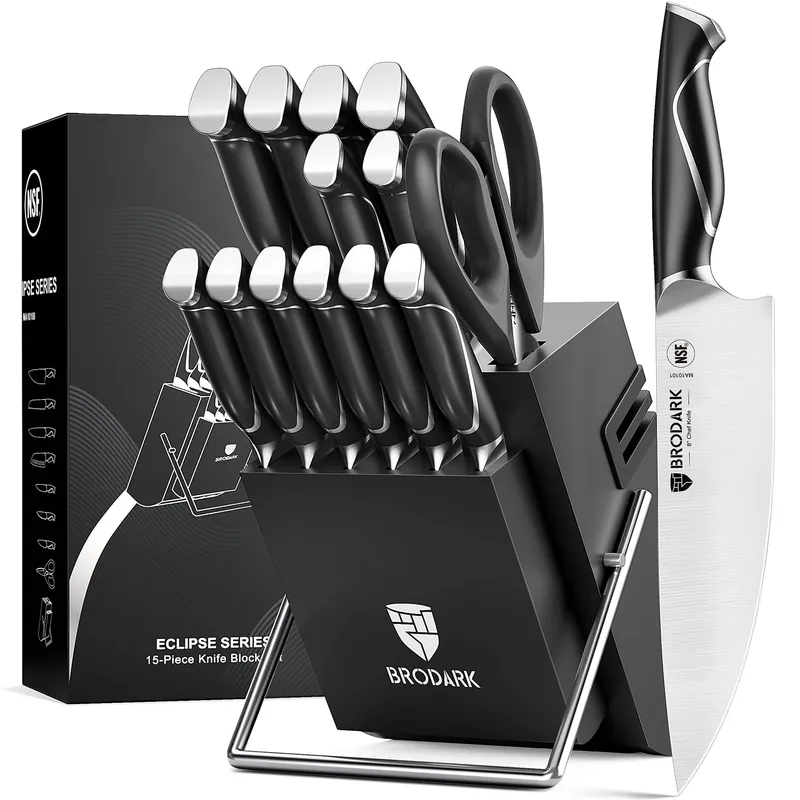 BRODARK Kitchen Knife Set with Block and Sharpener, 15 Pcs Sharp Knives Set for Kitchen, Christmas, Stainless Steel Full Tang Knife Block Set, Ergonomic Handle Professional Chef Kitchen Knives Sets