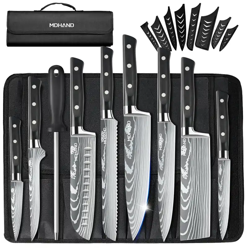 MDHAND Chef Knife Set with Roll Bag, 9PCS Professional Knife Set with Sharpener, High Carbon Stainless Steel Japanese Kitchen Knife Set - Forged Triple Rivet Handle, Dishwasher Safe, Chef Gifts, Black