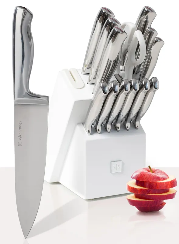 Styled Settings Stainless Steel Knife Set with Built In Sharpener - 14 Piece Ultra Sharp, High Carbon Stainless Steel Kitchen Knife Set Includes White Knife Block with Sharpener Built In