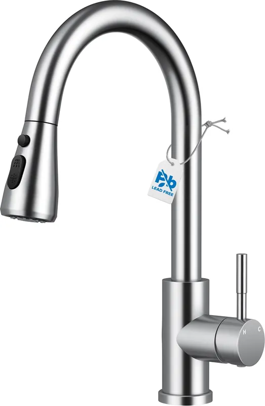 Kitchen Faucet with Pull Down Sprayer, VFAUOSIT Lead-Free Kitchen Sink Faucet Brushed Nickel Stainless Steel High Arc Pull Out Single Hole Kitchen Faucets for Pot Filler, Farmhouse RV Bar Laundry Room