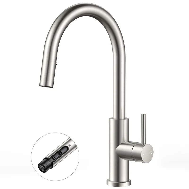 FORIOUS Kitchen Faucets with Pull Down Sprayer, Brushed Nickel Single Handle Stainless Steel High Arc Kitchen Sink Faucet with Deck Plate, 1 or 3 Hole Sink Faucet for Bar RV Outdoor Laundry