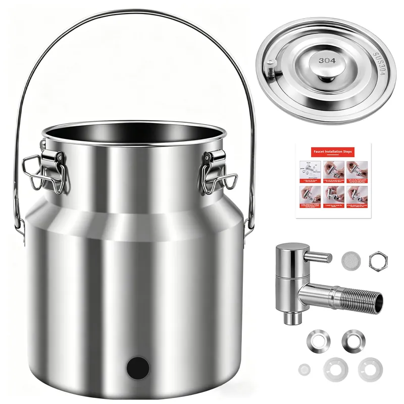 304 Stainless Steel Water Dispenser with Faucet, Thickened Milk Can with Handle, Sealing Ring and Instruction Manual, 5L Stainless Steel Water Jug for Milk, Water, Tea, Juice and Beverage Storage