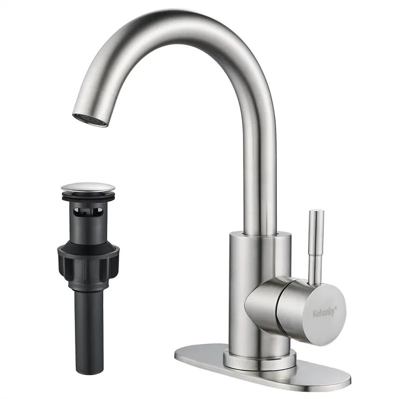 Kohonby Brushed Nickel Bathroom Sink Faucet - Single Hole, Modern Single Handle Commercial Stainless Steel Bar Faucet with Drain