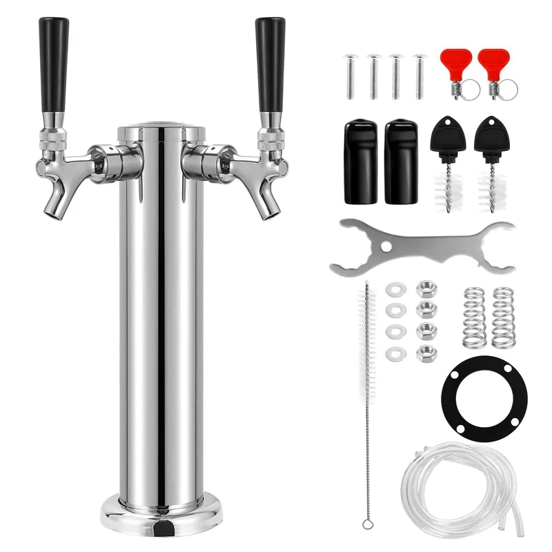 Dbgogo Kegerator Tower Double Tap Beer Tower Dual Faucet Beer Tower Stainless Steel 3‘‘ Flange Beer Tower Dispenser Beer Tap Kegerator Parts with Pre-Assembled Tubing and Self-Closing Springs