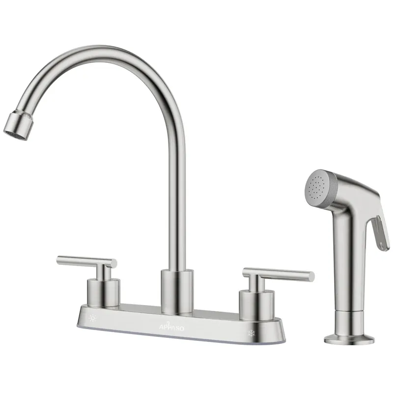APPASO Kitchen Faucet with Side Sprayer, 2-Handle High Arch Brushed Nickel Kitchen Faucet with Pull-Out Spray for RV Laundry Utility Bar, 8-in 4-Hole Installation, cUPC-Certified Parts