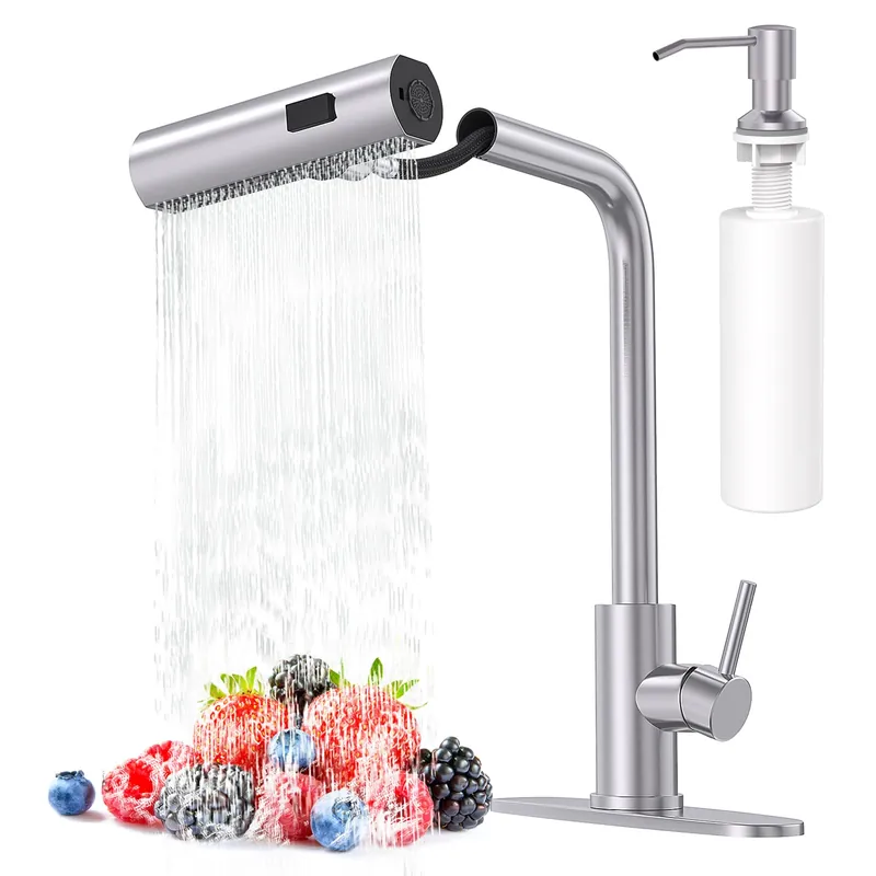 AVSIILE Brushed Nickel Kitchen Faucets with Pull Down Sprayer & Soap Dispenser, Single Hole & Handle, Pull Out Tap, Waterfall Stainless Steel Sink Faucet for Farmhouse Camper Laundry Rv Bar