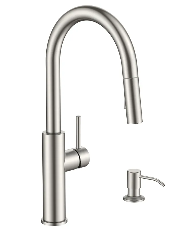 FORIOUS Kitchen Faucet with Soap Dispenser, Modern Brushed Nickel, Single Handle High Arc Stainless Steel Kitchen Sink Faucet with Pull Down Sprayer, 1 or 3 Hole Deck Mount for RV, Laundry, Outdoor