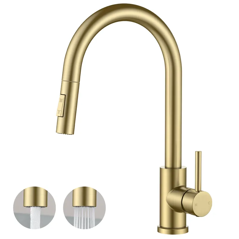 FORIOUS Gold Kitchen Faucet with Pull Down Sprayer, Classic Single Hole Kitchen Sink Faucet with Deck Plate, Single Handle, High Arc Stainless Steel, Fit for RV Bar Farmhouse Laundry Outdoor