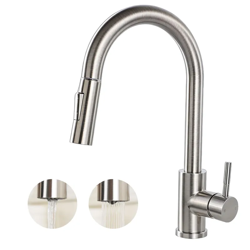 HOTIS Kitchen Sink Faucet Brushed Nickel with Pull Down Sprayer, Single Hole Stainless Steel Bar Faucet, 360° Swivel Pull Out Sink Faucets for Kitchen, Laundry & Bar Sinks, HT-KF100