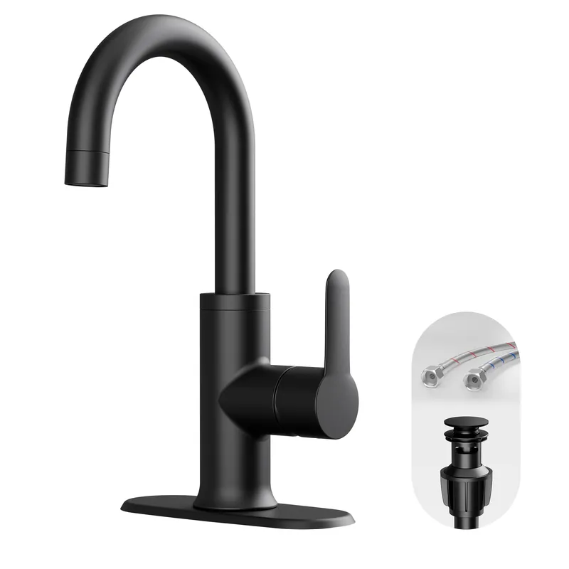 VXV Black Bathroom faucets Single Handle 360° Swivel Gooseneck Spout Optional Deckplate Bar Sink Faucet with Pop-up Drain and Hoses Matte Black