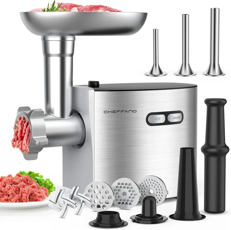 CHEFFANO Meat Grinder, 2600W Max Meat Grinder Electric, ETL Approved Heavy Duty Meat Mincer Machine with 2 Blades, 3 Plates, Sausage Stuffer Tubes & Kubbe Kit for Home Kitchen Use