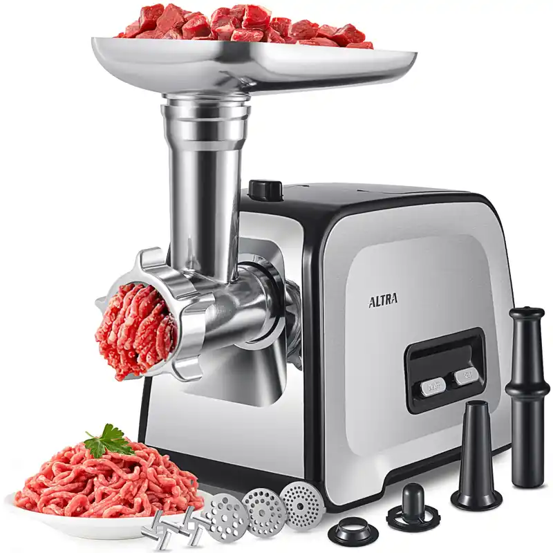 ALTRA LIFE Electric Meat Grinder, 2800W Max Sausage Stuffer with 2 Blades, 3 Plates, Sausage Tube, Vegetable Cheese Grater, 2 Meat Claws, Burger Press & Kubbe Kit for Home use, Built-in Storage