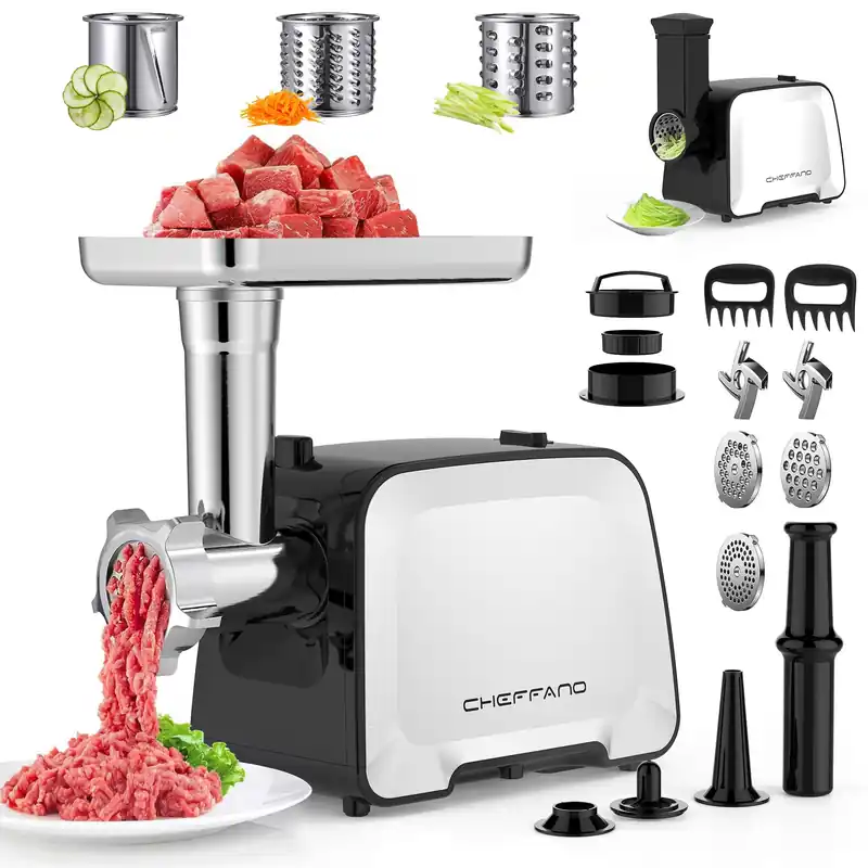 CHEFFANO Life Electric Meat Grinder, 2000W Max Sausage Stuffer Maker, Vegetable Cheese Grater with 3 Shredder Slicer Blades, 2 Blades, 3 Plates, Sausage Tube, 2 Meat Claws, Burger Press & Kubbe Kit