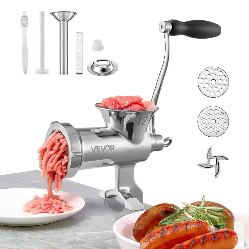 VEVOR Manual Meat Grinder, 304 Stainless Steel Meat Grinder with Steel Table Clamp, 12 Meat Mincer Sausage Maker & 2 Cutting Plates, Cookie Attachment, Sausage Tube for Beef Pepper Mushroom Cookie