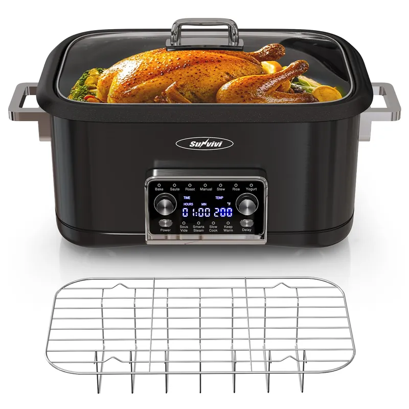 SUNVIVIPRO 12-in-1 Programmable Slow Cooker Roaster Oven, 8 Quart Digital Multi-Cooker Food Warmer with Timer, Temp Control & Auto Shut Off, Removable Non-Stick Pot, Dishwasher-Safe Glass Lid, Black