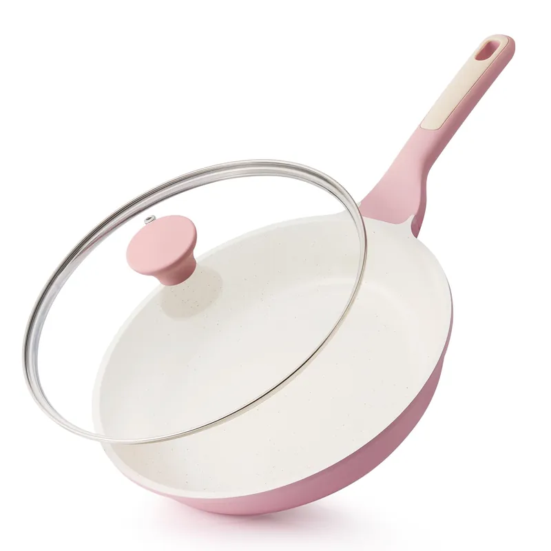 SENSARTE Nonstick Ceramic Frying Pan with Lid 8 Inch Small Omelette Pan Skillet, Free of Intentionally Added PFAS/PTFE Non-toxic Chef‘s Pan Induction Compatible Pan, Heat Resistant Handle, Sakura Pink