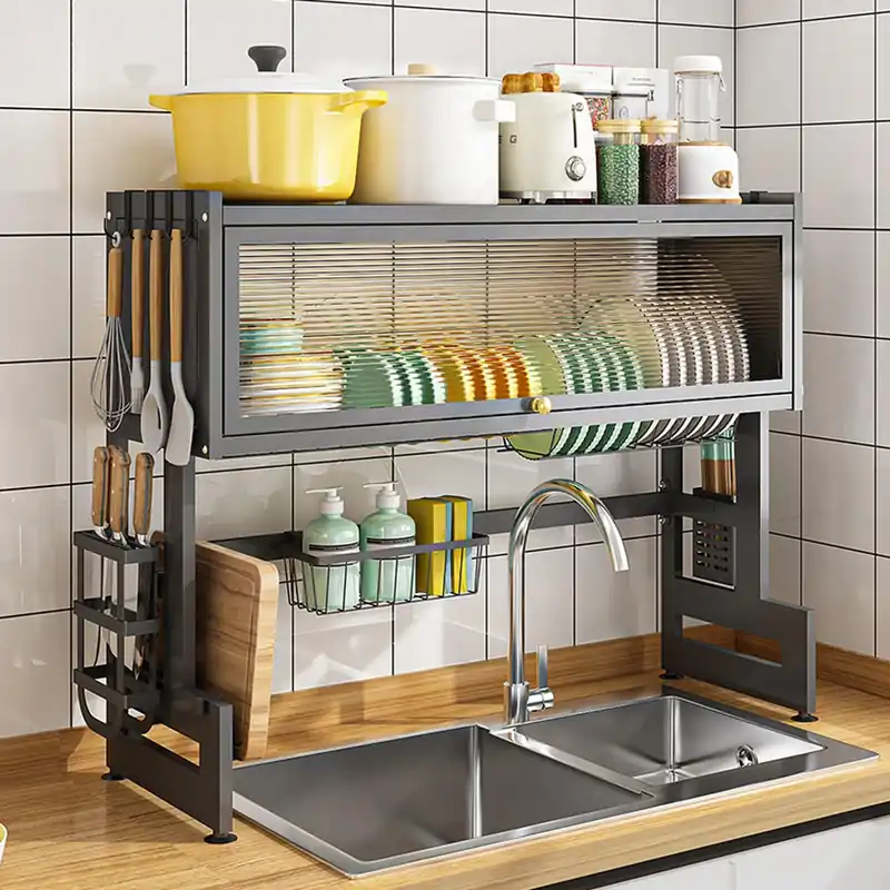 QIUHTR Over The Sink Dish Drying Rack with Dustproof Cover Drying Rack Kitchen with Cutlery Holder,Space Saving Counter Organizer,for Dishes,Plates,Cups,Utensils