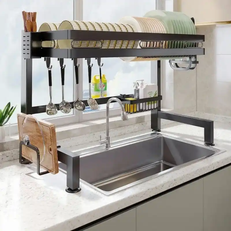 QIUHTR Space-Saving Over The Sink Dish Drying Rack for Kitchen Counter,Large Dish Racks with Cutlery Holder,for Dish,Pots,Lids, Bowls,Cups,for Kitchen Storage(21.6")