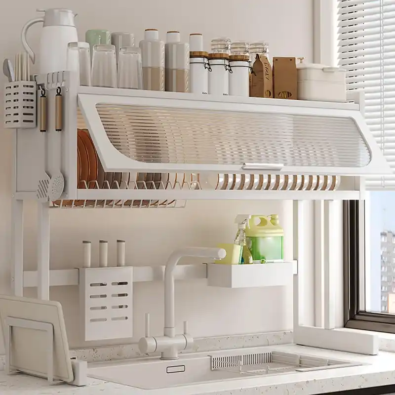 QIUHTR Over The Sink Drying Rack Kitchen with Cutlery Holder,Stainless Steel Space-Saving Dish Rack,Multi-Functional Dish Racks Kitchen,for Dishes,Plates