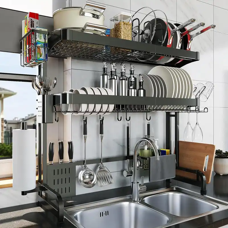 LIVOD Over The Sink Dish Drying Rack,3 Tier Adjustable Length Full Stainless Steel Large Storage Kitchen Dish Rack,for Kitchen Counter Expandable Multifunctional Organizers,Silver (25.5‘‘ to 37.6‘‘)