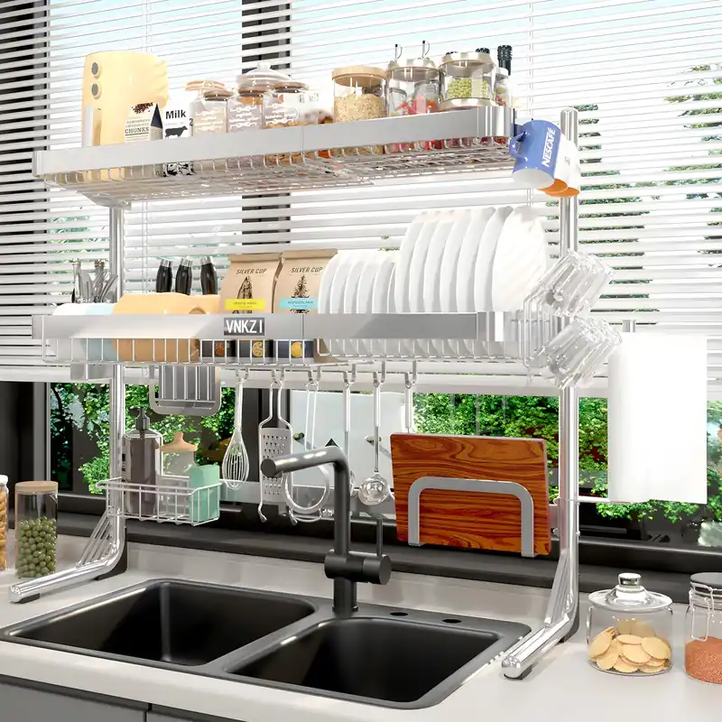 VNKZI Over Sink Dish Drying Rack, 3 Tier Full Stainless Steel Storage Adjustable Length (25.98‘‘ to 36.61‘‘) Kitchen Rack, Multifunctional Expandable Counter Organizer, Space Saver Dish Rack