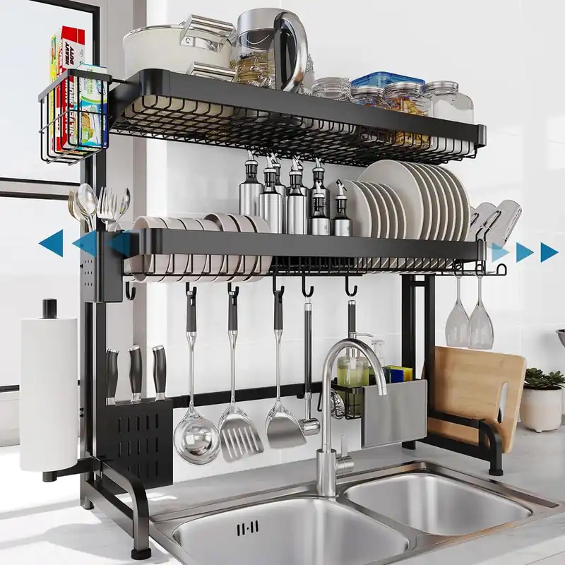 LIVOD Over The Sink Dish Drying Rack,3 Tier Adjustable Length Full Stainless Steel Large Storage Kitchen Dish Rack,for Kitchen Counter Expandable Multifunctional Organizers,Silver(25.5‘‘ to 37.4‘‘)