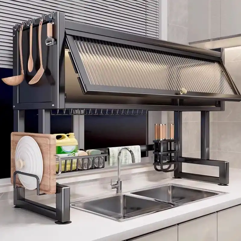 QIUHTR Over The Sink Dish Drying Rack with Cutlery Holder,Rust Resistant Dish Rack with Multifunctional Flip Up Pegs,Space-Saving Large Racks for Kitchen Counter for Dishes,Plates,Cups