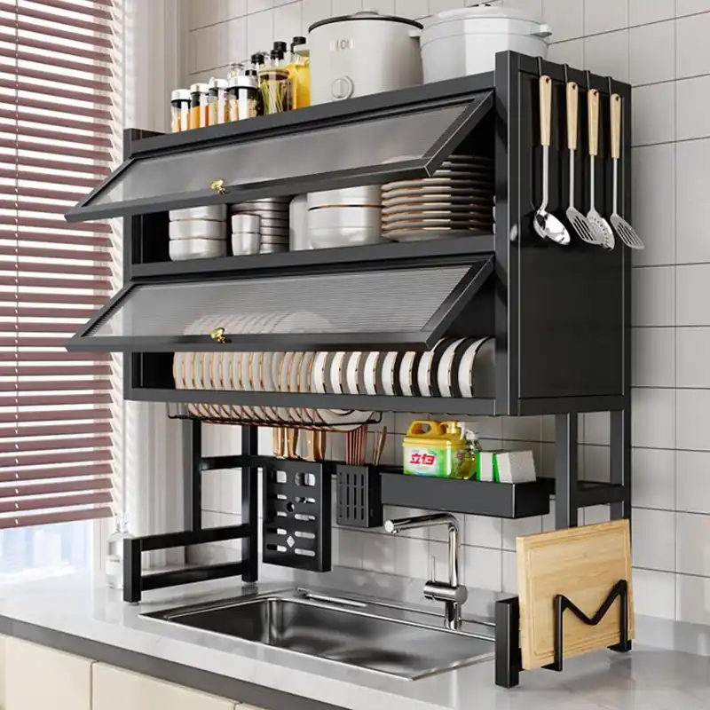 Large Over The Sink Dish Drying Rack 4 Tiers with Cover, Space-Saving Keep Kitchen Sink Shlef Organized, Drying Rack for Dishes, Glasses, Bowls, Cutlery Black(Black,65cm)