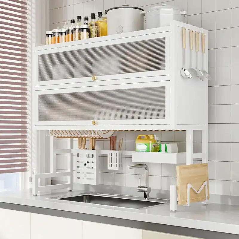 Large Over The Sink Dish Drying Rack 4 Tiers with Cover, Space-Saving Keep Kitchen Sink Shlef Organized, Drying Rack for Dishes, Glasses, Bowls, Cutlery Black(White,65cm)