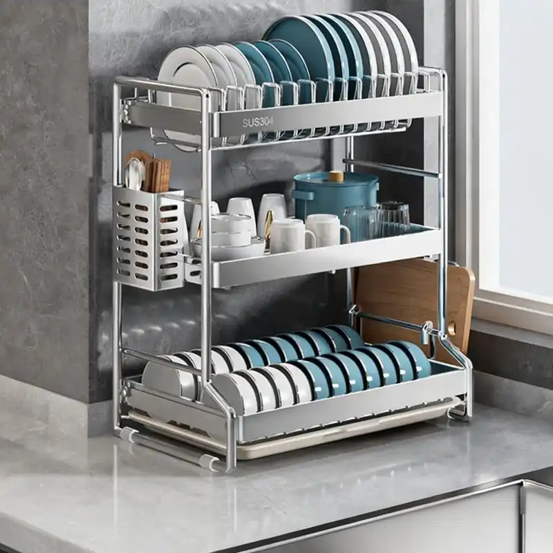 Stainless Steel Dish Drying Rack, Metal Dish Drainer for Kitchen, 2 Tier Dish Racks for Kitchen Counter, Large Capacity Plate Organizer for Kitchen(Large)