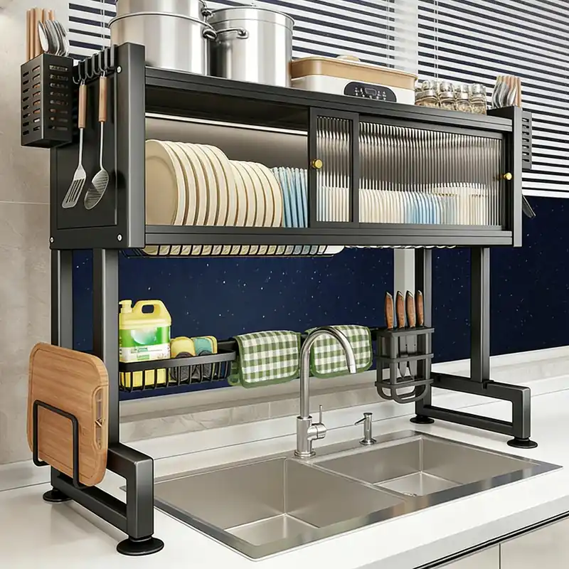 QIUHTR Over The Sink Dish Drying Rack with Dustproof Cover,Space Saving Counter Organizer with Cutlery Holder,Drying Rack Kitchen,for Dish/Plate/Bowl/Cup/Pot Lid