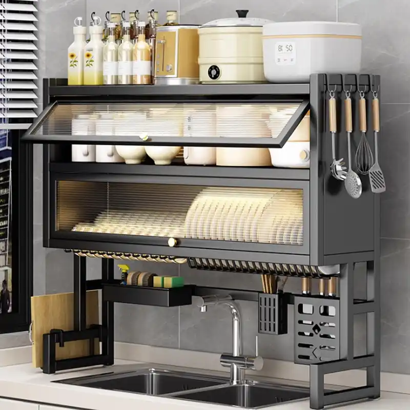 YITAYMLI Large 3-Tier Over Sink Dish Drying Rack with Flip-top Door,Kitchen Counter Utensil Holder Organizers Space-Saving,Multifunctional Metal Counter Shelf,for Plates Bowl(Black,65cm/25.6in)