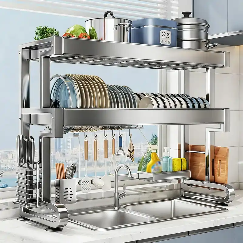 BEBANE Over The Sink Dish Drying Rack, 304 Stainless Steel 2 Tier Racks, Multifunctional Kitchen Storage Organizers, for Dishes, Glasses, Bowls & Cutlery(96cm/37.8in)