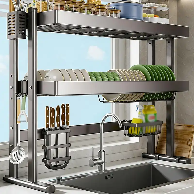 BEBANE Over The Sink Dish Drying Rack, Large-Capacity Space-Saving Kitchen Dish Rack, Adjustable Height, Space Saving, for Dishes, Glasses, Bowls, Cutlery(85cm/33.5in)