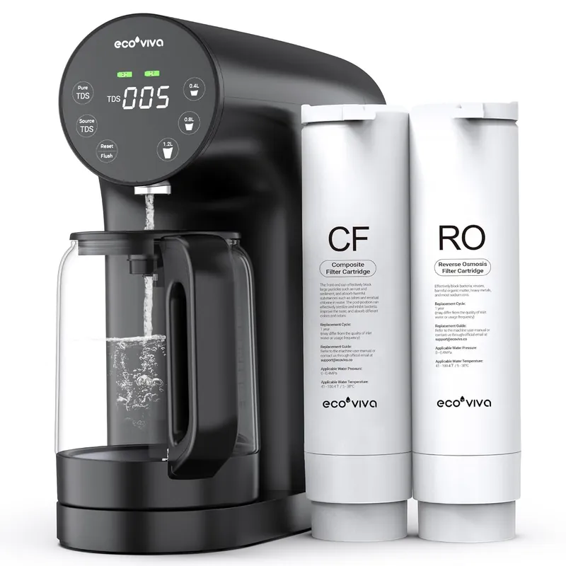 Ecoviva Countertop Reverse Osmosis System RO Water Filter, 5-Stage Filtration, Real-time TDS Monitor, BPA Free, 3 1 Pure to Drain, Indoor No Installation Desktop Portable Water Purifier-Black