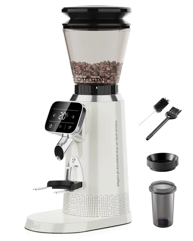 Tuni G2 Conical Burr Coffee Grinder, 70 Grind Settings Anti-static Burr Mill, Precision Electronic Timer and LED Touchscreen for Espresso/Drip/Cold Brew/French Press, Stainless Steel, Ivory