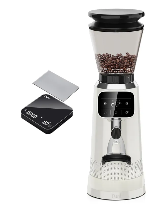 Tuni G2 Ivory Conical Burr Coffee Grinder with Black Digital Coffee Scale, 70 Grind Settings Anti-static Coffee Bean Grinder for Espresso/Drip/Cold Brew/French Press
