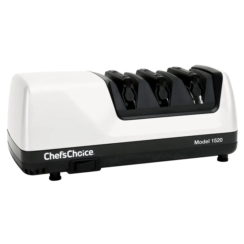 Chef’s Choice Professional Electric Knife Sharpeners for 15- and 20-Degree Straight-Edge and Serrated Knives with Diamond Abrasives & Precision Angle Control, 3-Stage, White