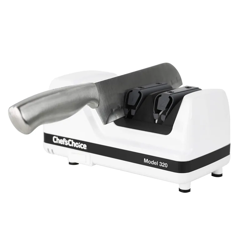 Chef‘sChoice Professional Electric Knife Sharpeners FlexHone/Strop With 100-Percent Diamond Abrasives And Precision Angle Guides For 20-Degree Straight-Edge and Serrated Knives, 2-Stage, White