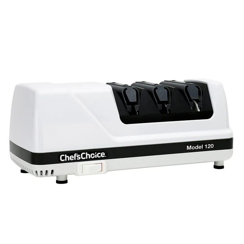 Chef‘sChoice Professional Electric Knife Sharpeners With 100-Percent Diamond Abrasives And Precision Angle Guides For 20-Degree Straight-Edge and Serrated Knives, 3-Stage, White