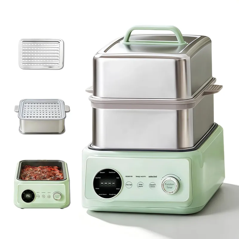 15.8QT Electric Food Steamer, 3 Tier Food Steamer for Cooking, 1200W Stainless Steel Steamer, Large Capacity Hot Pot, 9 Time Settings, for Home, Restaurant, Party (Green)