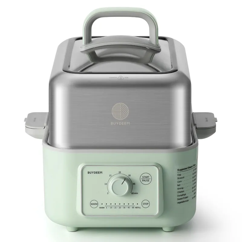 BUYDEEM G52 5.3 Quart Electric Food Steamer for 2-4 Servings, Vegetable Steamer for Cooking, 2-hour Keep Warm, 7 Preset Timings, Dual Boil-Dry Protection, Stainless Steel, Cozy Greenish