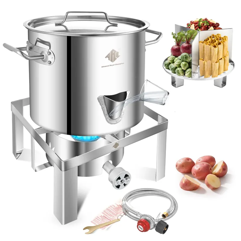 ARC 20QT Stainless Steel Steamer Pot Set, 55,000BTU Stainless Steel Portable Propane Burner for Seafood Crab,Vegetable,Vaporeras para Tamale Steaming, w/Easy-fill Water Spout, Divider and Steamer Rack,Outdoor Cooking