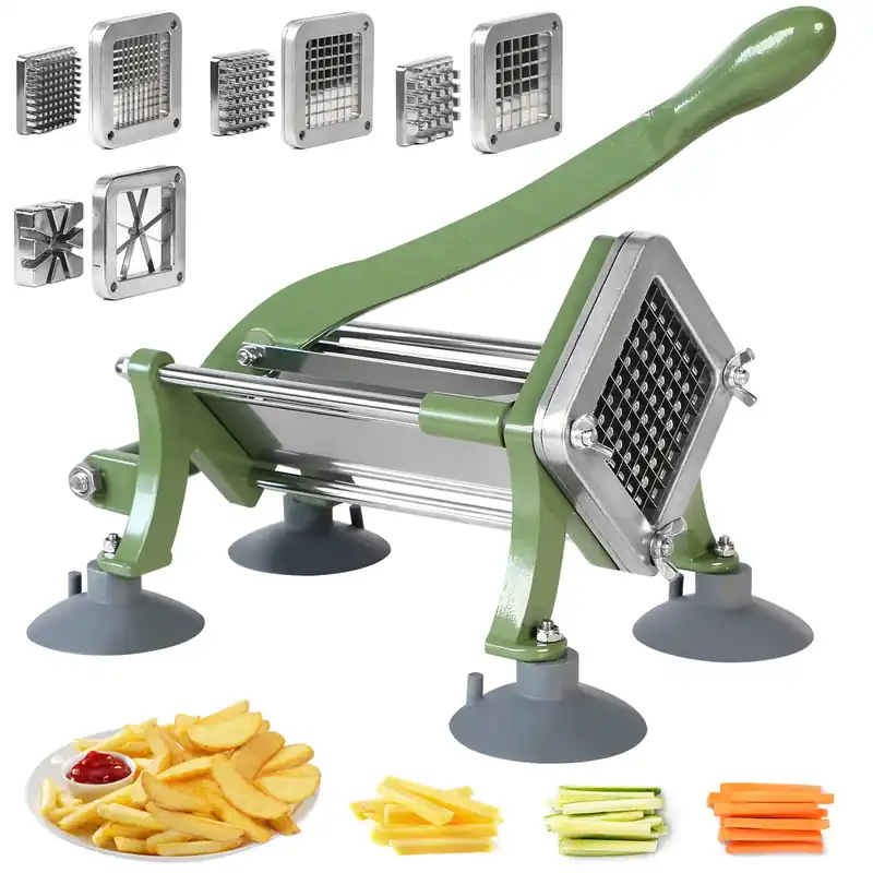 French Fry Cutter Commercial Grade, Heavy Duty Potato Slicer, French Fries Cutter for Sweet Potato, Carrot, Yam, Cucumbers with 3/8" 1/2" 1/4" and 8 wedge Stainless Steel Blade, Green