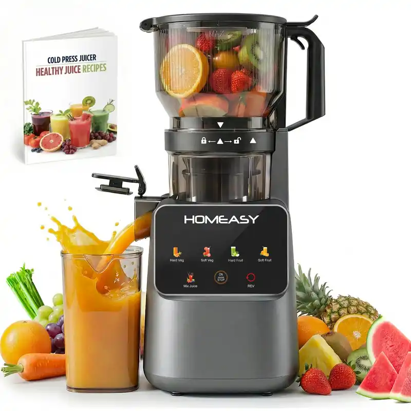 HOMEASY Cold Press Juicer Machines, 5.8‘‘ Large Feed Chute for Whole Fruits and Vegetables, 300W Slow Masticating Juicer, High Juice Yield, 5 Smart Modes, Easy to Clean