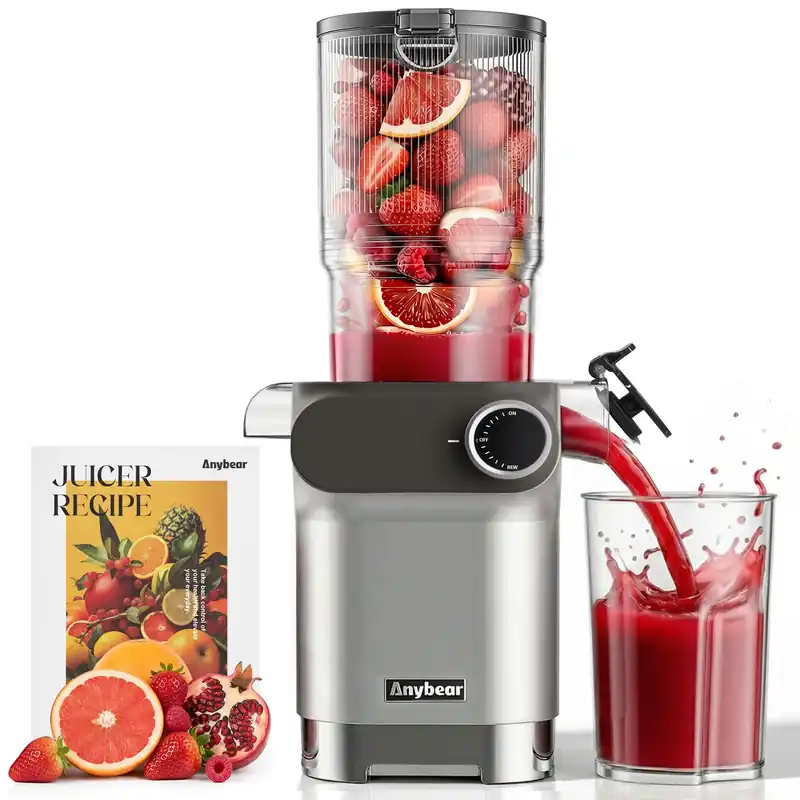 Anybear Cold Press Juicer 200W Masticating Slow Juicer 4.3" Large Feed Chute Fit Whole Fruits Vegetables Upgraded Auger Tritan Material BPA Free Juice Recipes (Argent Gray)