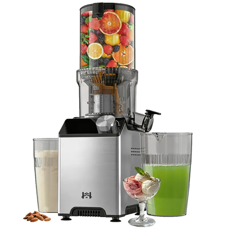 WHUTO Cold Press Juicer, Wide Feed Chute Juicer Machines, Stainless Steel Slow Masticating Juicers Easy to Clean, Vegetables & Fruits Juice Extractor, High Juice Yield, Silver Knob