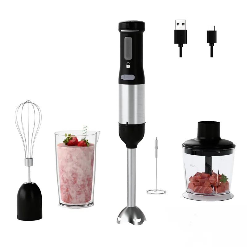 WHUTO Cordless Immersion Hand Blender, 5-in-1 Variable Speed blender handheld,Rechargeable with 2000mAh Battery, BPA-Free & Dishwasher-Safe Accessories 700ml Beaker,Chopper,Whisk & Milk Frother,Ink